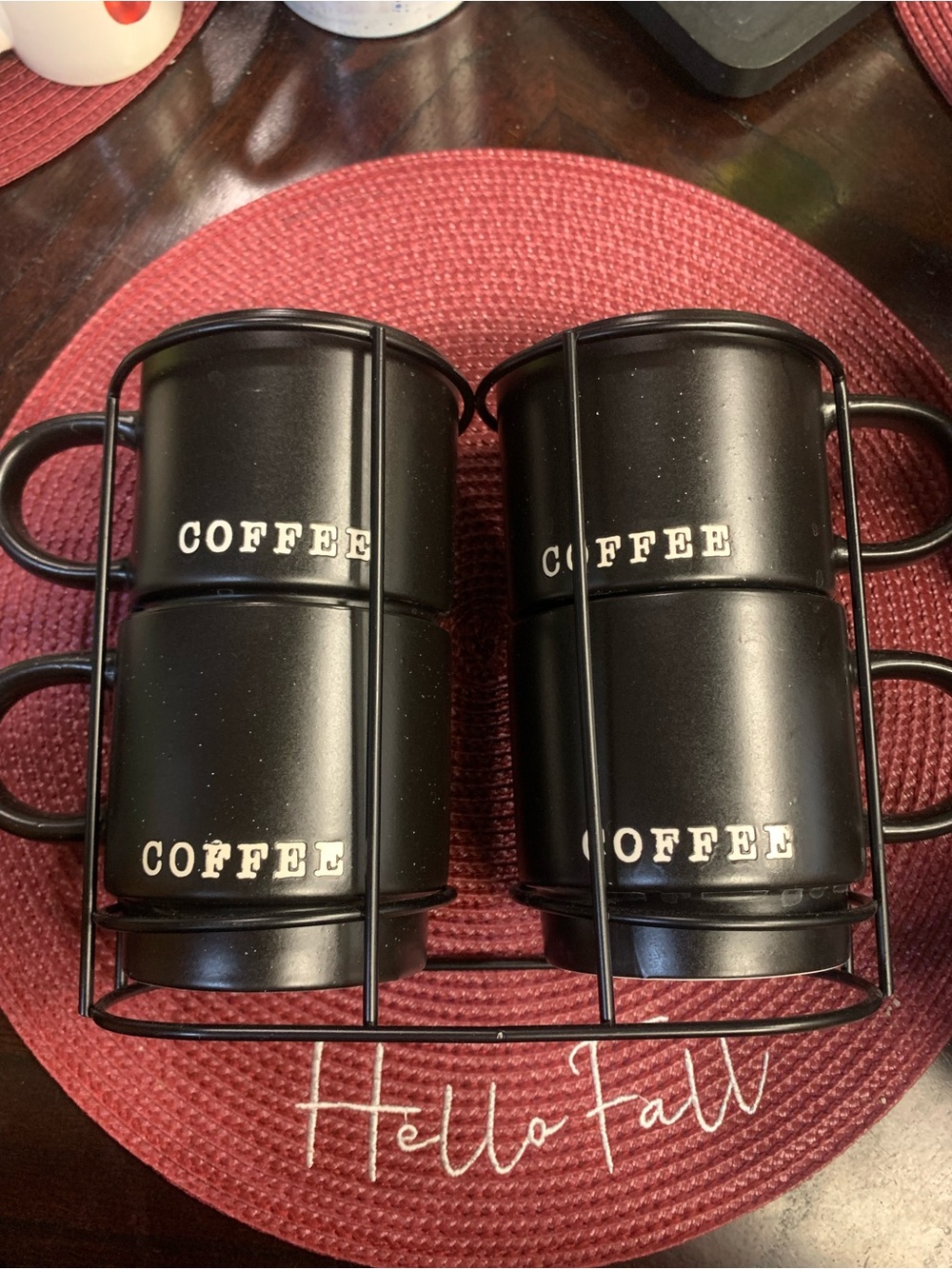 Matte Black Stackable Ceramic Coffee Mugs with Storage Rack - Set of 4
